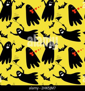 Halloween seamless pattern with doodle cute ghosts on yellow background. Stock Vector