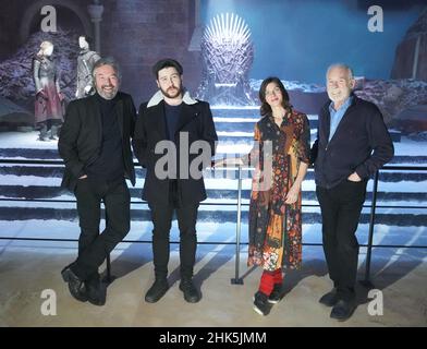 L-R Cast members Ian Beattie, Daniel Portman, Natalia Tena and Ian McElhinney pose for photos during a preview day of the Game of Thrones Studio Tour at the Linen Mill Studios in Banbridge, Northern Ireland, which opens to the public on February, 4th. Picture date: Wednesday February 2, 2022. Stock Photo