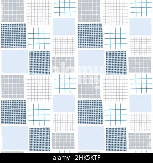 Blue tone geometric square quilt pattern. Blue and grey checkered background. Stock Vector