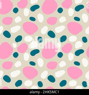 Hand drawn seamless pattern with pink, green and white irregular spots on beige background. Stock Vector