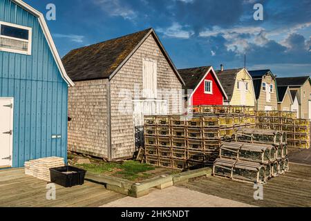 Lobster traps piled up on a wharf in front of colorful bait sheds. Stock Photo