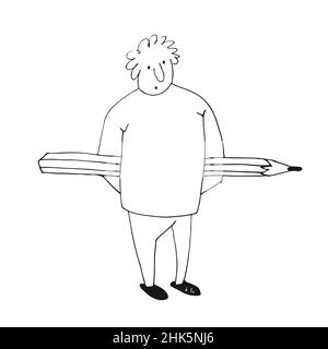 Man with the pencil, a funny character, hand drawn vector illustration isolated on a white background Stock Vector