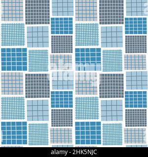 Blue tone geometric square quilt pattern. Blue and grey checkered background. Stock Vector