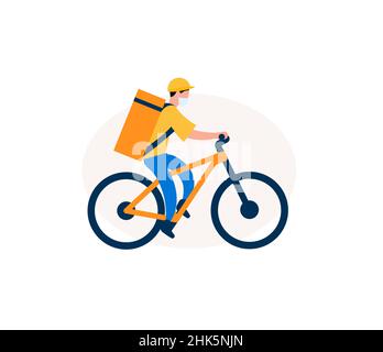 Food delivery man on an electric bike. Courier with eat bag on bicycle. Graphic for delivery service. Vector illustration. Stock Vector