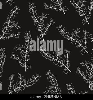Minimal eucalyptus leaves twig seamless pattern, vector hand drawn illustration isolated on black background Stock Vector