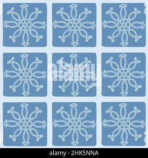 Hand drawn blue tone square pattern. Floral checkered background. Stock Vector