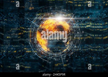 particle earth with technology network circle over cityscape background, technology and innovation concept Stock Photo