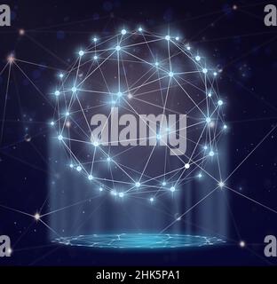 Futuristic technology mesh polygonal shape of circle global with lines and dots and shadow over the blur bokeh background, business technology and net Stock Photo
