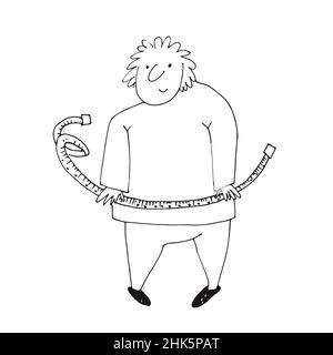 Fat man with the measuring tape, a funny character, hand drawn vector illustration isolated on a white background Stock Vector