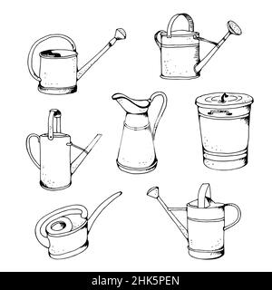 Garden watering can vector illustration, hand drawn sketch set Stock Vector
