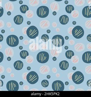 Circles seamless pattern on blue background. Hand drawn doodle style vector. Stock Vector