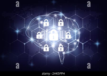 Security key lock icon digital display over the world map and Hexagon shape on  the Artificial intelligence of brain technolog with dark blue backgrou Stock Photo