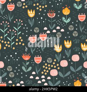 Flower field on dark, seamless vector pattern. Repeating liberty doodle flower meadow background. Scandinavian folk style. For fabric, wallpaper, home Stock Vector