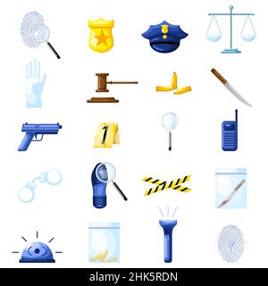 Set detective in flat style on white background. Police elements gun, badge, handcuffs, notes, bullet, fingerprint. Vector icon cap, court, judge of h Stock Vector