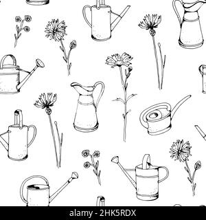 Garden watering can vector seamless pattern, hand drawn sketch spring background Stock Vector
