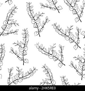 Minimal eucalyptus leaves twig seamless pattern, vector hand drawn illustration isolated on white background Stock Vector