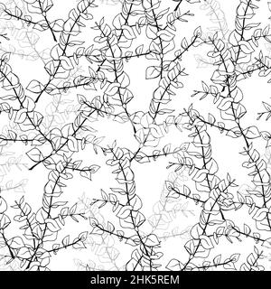 Minimal eucalyptus leaves twig seamless pattern, vector hand drawn illustration isolated on white background Stock Vector