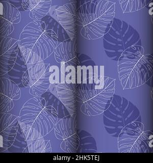 Monstera pattern set, doodle leaves, white color and Very Peri trend color 2022. Vector illustration Stock Vector