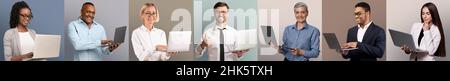 Online business. Diverse businesspeople with laptops posing over pastel studio backgrounds, collage, panorama Stock Photo