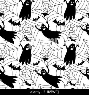 Halloween seamless pattern with doodle cute ghosts on white background. Stock Vector