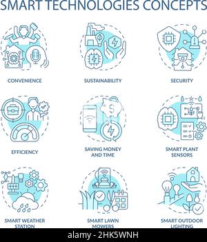 Smart technologies turquoise concept icons set Stock Vector