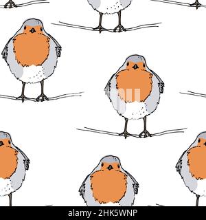 Robin bird hand drawn vector seamless pattern, The European robin colored illustration, isolated on white background Stock Vector