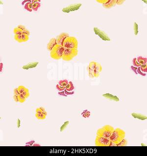 Hand drawn viola flowers in embroidery style seamless pattern. Stock Vector
