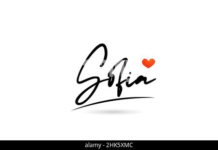 Sofia city text with red love heart design.  Typography handwritten icon design Stock Vector
