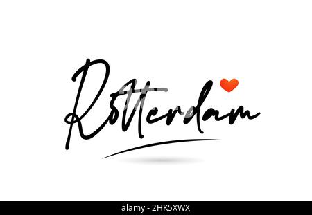 Rotterdam city text with red love heart design.  Typography handwritten icon design Stock Vector