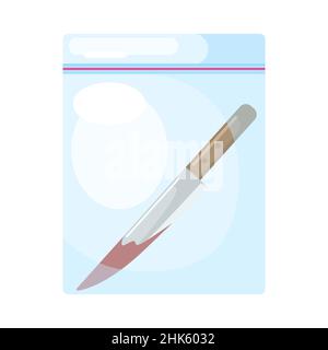 Knife with blood in packet on white background. Evidence of crime in flat style. Police element close up. Vector illustration design. Stock Vector