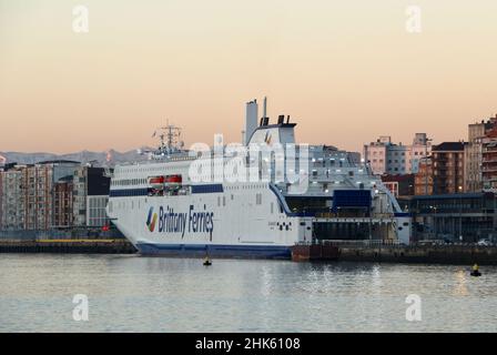 New Brittany Ferries ship the Salamanca is powered by Liquefied Natural Gas LNG Starts operating from March 2022 in cold dawn sunlight Santander Spain Stock Photo