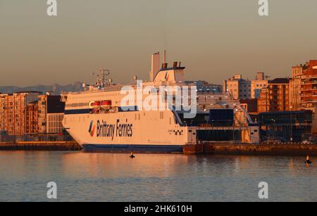 New Brittany Ferries ship the Salamanca is powered by Liquefied Natural Gas LNG Starts operating from March 2022 in dawn sunlight Santander Spain Stock Photo