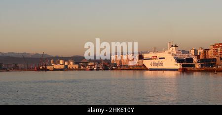 New Brittany Ferries ship the Salamanca is powered by Liquefied Natural Gas LNG Starts operating from March 2022 in dawn sunlight Santander Spain Stock Photo