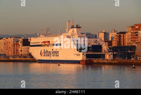 New Brittany Ferries ship the Salamanca is powered by Liquefied Natural Gas LNG Starts operating from March 2022 in dawn sunlight Santander Spain Stock Photo