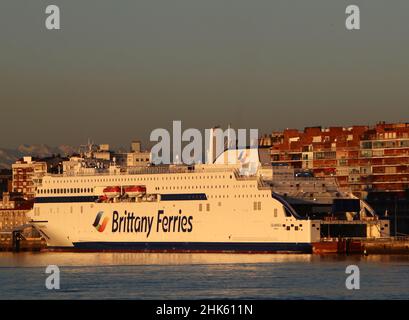 New Brittany Ferries ship the Salamanca is powered by Liquefied Natural Gas LNG Starts operating from March 2022 in dawn sunlight Santander Spain Stock Photo