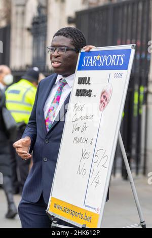 London, UK. 2nd Feb, 2022. Sporting odds board on Boris Johnson, outside the Houses of Parliament, Credit: Ian Davidson/Alamy Live News