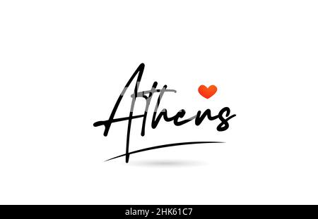 Athens city text with red love heart design.  Typography handwritten icon design Stock Vector