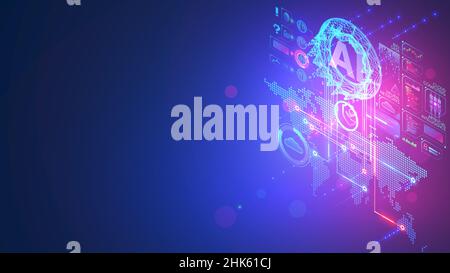 AI or artificial intelligence analyzing flow of data in social networks. Innovation technology Digital analytics of big data in internet. Cloud Stock Vector