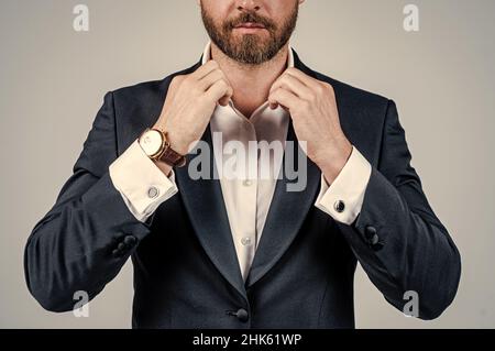 Pranking himself out in best attire. Man wear formal suit cropped view. Business attire. Formalwear and dress code. Classy fashion style. Menswear Stock Photo