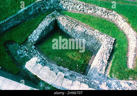 Remains of a Roman fort and the settlement Eboracum in York, base for the Roman Ninth Legion. Corner turret and wall. Archival scan from a slide. October 1979 Stock Photo