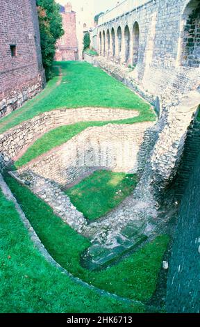 Remains of a Roman fort and the settlement Eboracum in York, base for the Roman Ninth Legion. Corner turret and wall. Archival scan from a slide. October 1979 Stock Photo