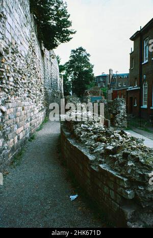 Remains of a Roman fort and the settlement Eboracum in York, base for the Roman Ninth Legion. Fort walls near multi-angular tower.  Archival scan from a slide. October 1979 Stock Photo