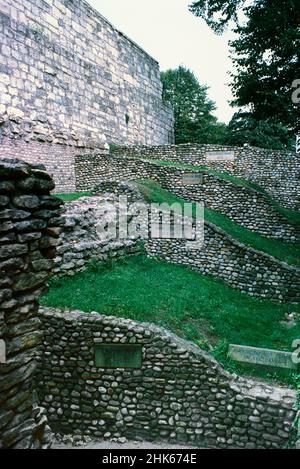 Remains of a Roman fort and the settlement Eboracum in York, base for the Roman Ninth Legion. Fort walls and levels of different settlements. Archival scan from a slide. October 1979 Stock Photo