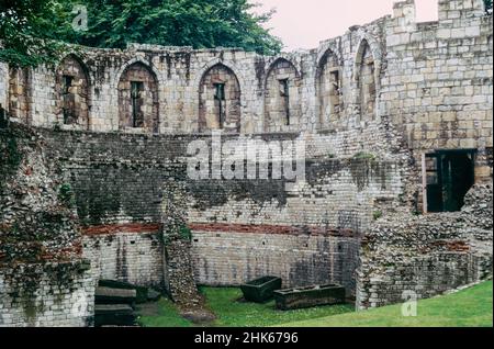 Remains of a Roman fort and the settlement Eboracum in York, base for the Roman Ninth Legion. Multi-angular tower inside. Archival scan from a slide. July 1974 Stock Photo