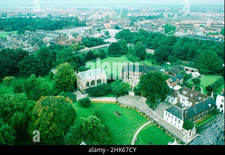 Remains of a Roman fort and the settlement Eboracum in York, base for the Roman Ninth Legion. Aerial view on York and corner of the Roman fort. Archival scan from a slide. October 1979 Stock Photo