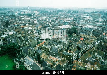 Remains of a Roman fort and the settlement Eboracum in York, base for the Roman Ninth Legion. Aerial view on York (Stonegate). Archival scan from a slide. October 1979 Stock Photo