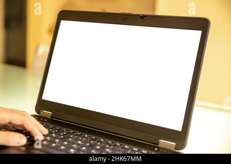 Blank screen laptop computer, home office work. Man type, open notebook on desk, white empty display, copy space Stock Photo