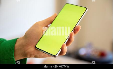 Hand hold cellphone with blank screen. Mobile phone empty display on a male left hand, blur home interior background. Space for text, template Stock Photo
