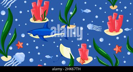 Seamless pattern underwater world on blue background. Design marine banner with cute fish, starfish, jellyfish, shark,corals . Vector textile print of Stock Vector