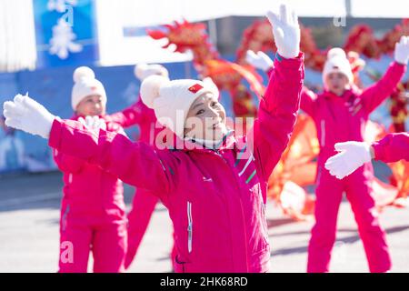 Beijing, China. 2nd Feb, 2022. Performers are seen at the Winter Olympic Park in Beijing, capital of China, Feb. 2, 2022. Credit: Cai Yang/Xinhua/Alamy Live News Stock Photo